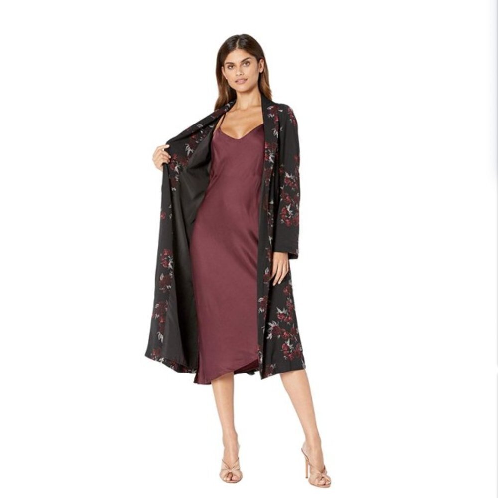 Kensie Dark Floral Shawl Collar Rose Noir Trench Midi Coat/Dress Size XS - Picture 2 of 15